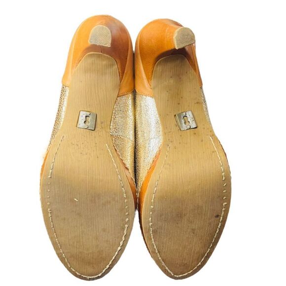 ANTHROPOLOGIE SCHULER and Sons Philadelphia Leather Metallic Gold Pumps High Hee - Picture 3 of 10